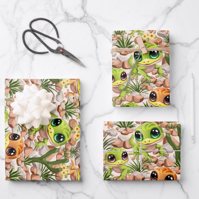 Feuille De Papier Cadeau Bébé Geckos jote personnages de dessin (Recto)