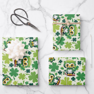 Feuille De Papier Cadeau Bébé Hibou Mignon St Patrick Dessin Animé