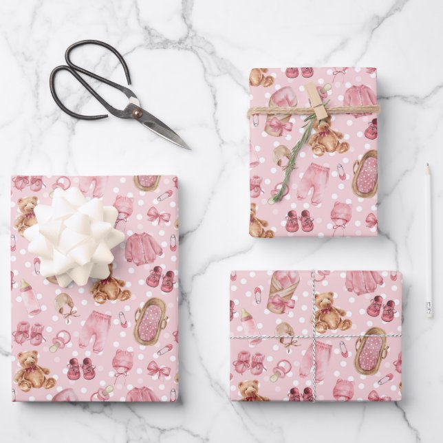 Feuille De Papier Cadeau Bébé mignon fille Baby shower Nounours vêtements (Recto)