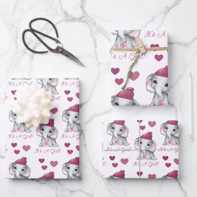 Feuille De Papier Cadeau Bébé mignon fille éléphant Baby shower d'hiver ros (Recto)