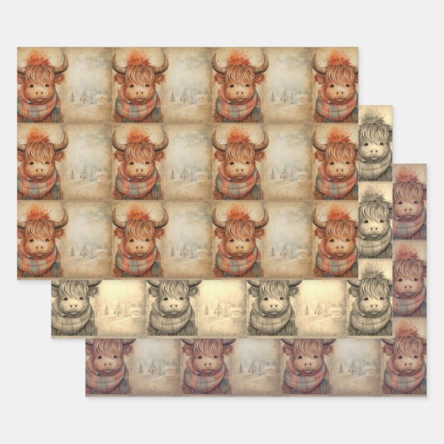 Feuille De Papier Cadeau Bébé mignon vache Highland hiver Noël (Lot)