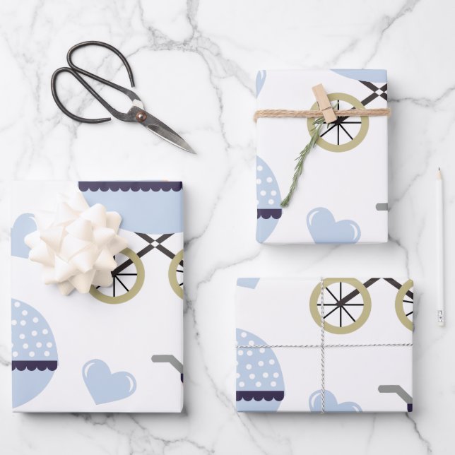 Feuille De Papier Cadeau Bébé. Poussettes. (Recto)