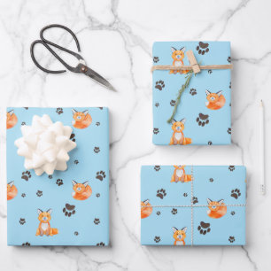 Feuille De Papier Cadeau Bébé Renard Animal Endormi Empreintes de Patte Tra