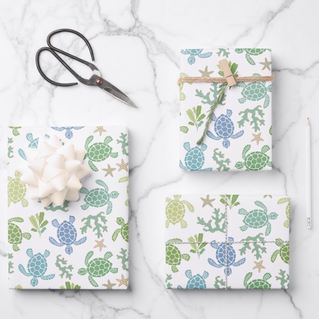 Feuille De Papier Cadeau Bébé Tortues de mer bleu (Recto)