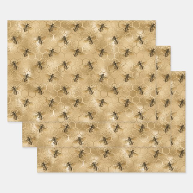 Feuille De Papier Cadeau Bees et Gold Honeycomb (Lot)
