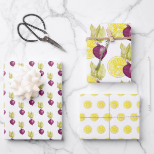 Feuille De Papier Cadeau Beets mignons et Motif d'aquarelle au citron