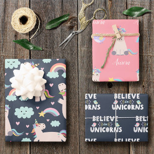 Feuille De Papier Cadeau Believe in Unicorns Blue and Pink Girl Pattern Kid