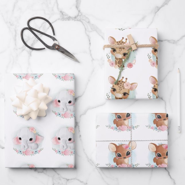 Feuille De Papier Cadeau Belle Aquarelle Bébé Animal sans joint Floral (Recto)