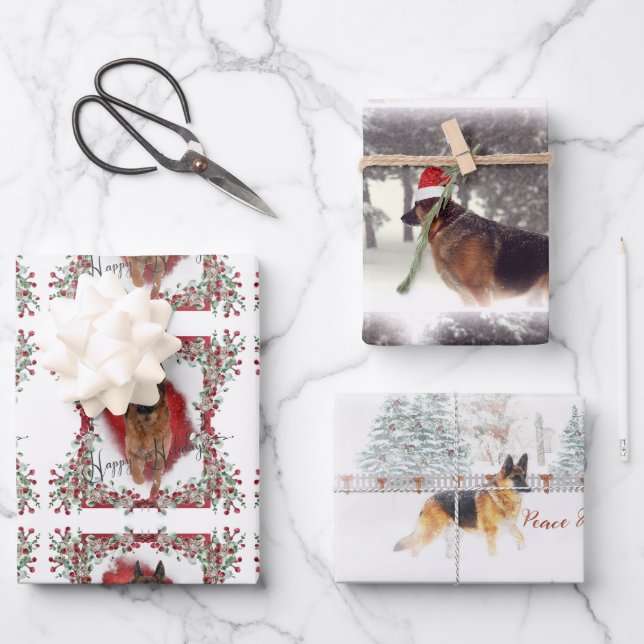 Feuille De Papier Cadeau Belle aquarelle bergers allemands Noël (Recto)