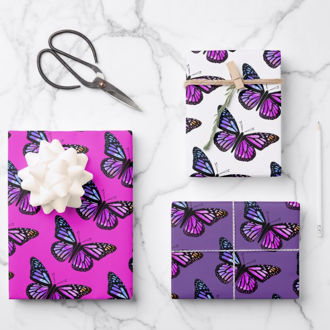 Feuille De Papier Cadeau Belle aquarelle papillons Motif rose chaud (Recto)