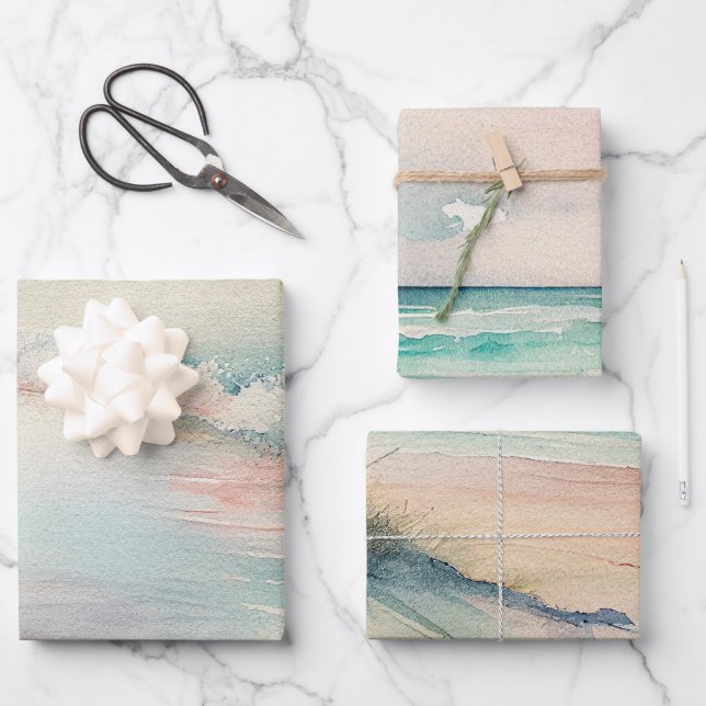 Feuille De Papier Cadeau Belle aquarelle vue océan (Recto)