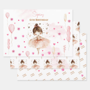 Feuille De Papier Cadeau Belle ballerine rose et ballons anniversaire