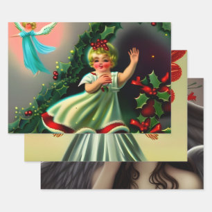 Feuille De Papier Cadeau Belle Découpage Anges de Noël Vintage