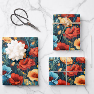 Feuille De Papier Cadeau Belle Fleurs Bleues Jaunes Bleues Botaniques Impri