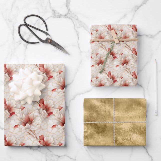 Feuille De Papier Cadeau Belle Flore Rouge Blanc (Recto)
