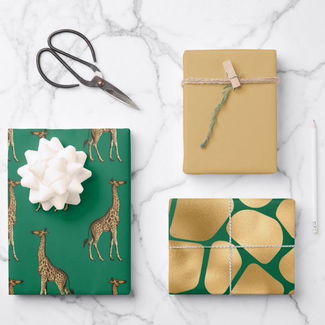 Feuille De Papier Cadeau Belle Giraffe verte et Tan (Recto)