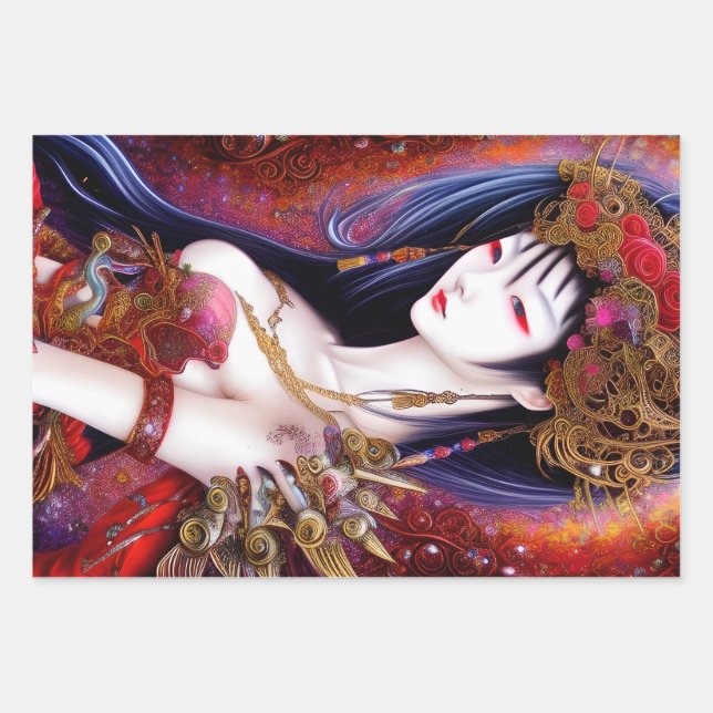 Feuille De Papier Cadeau Belle Japonaise fille Imaginaire gothique Triptyqu (Devant)