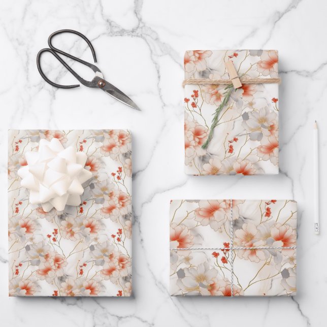 Feuille De Papier Cadeau Belle Pêche Rouge Blanc Floral (Recto)