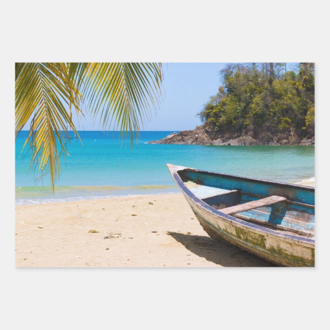 Feuille De Papier Cadeau Belle plage tropicale avec bateau à rames (Devant)