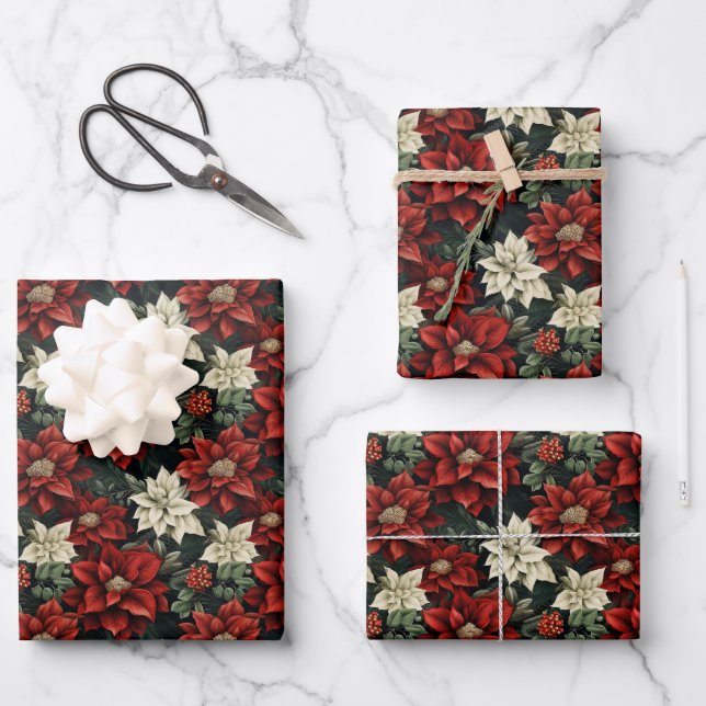 Feuille De Papier Cadeau Belle Poinsettia rouge blanc et verte (Recto)