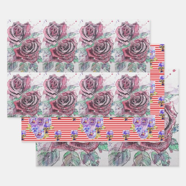 Feuille De Papier Cadeau Belle rose rouge et encre aquarelle peinture (Lot)