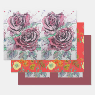 Feuille De Papier Cadeau Belle rose rouge et encre aquarelle peinture