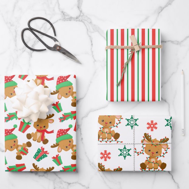 Feuille De Papier Cadeau Belle Stripes de flocon de neige Reindeer Noël (Recto)