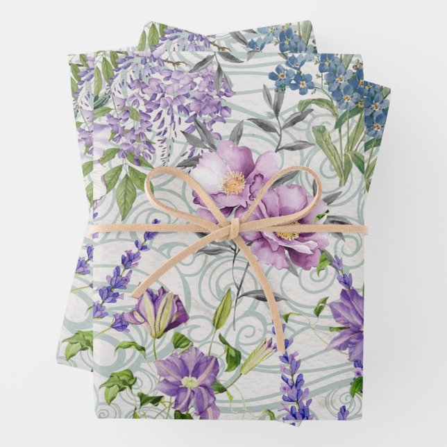 Feuille De Papier Cadeau Belles fleurs bleues et violettes Nature Botanique (En situation)