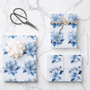 Feuille De Papier Cadeau Belles Fleurs de Noël Bleues