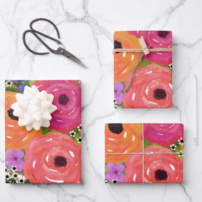 Feuille De Papier Cadeau Belles Fleurs | Grande aquarelle florale (Recto)