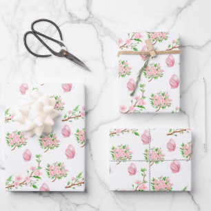 Feuille De Papier Cadeau Belles fleurs roses et papillons roses