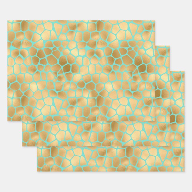 Feuille De Papier Cadeau Belles Giraffe Spots Golden et Turquoise (Lot)