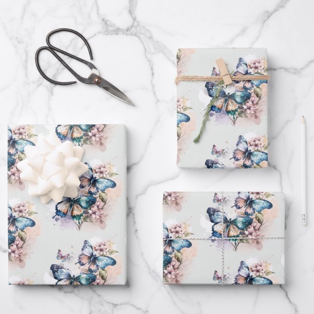 Feuille De Papier Cadeau Belles papillons et fleurs (Recto)