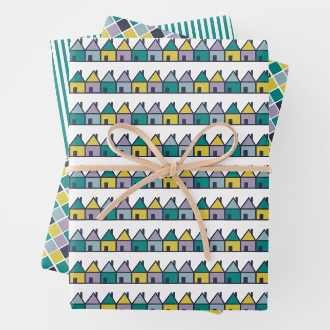 Feuille De Papier Cadeau Belles rangées de maisons design (En situation)