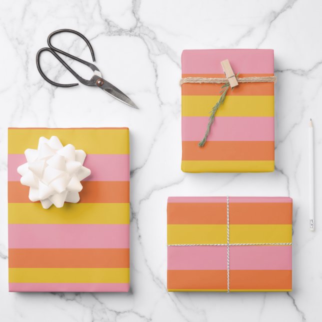 Feuille De Papier Cadeau Belles rayures estivales en rose jaune orange  (Recto)