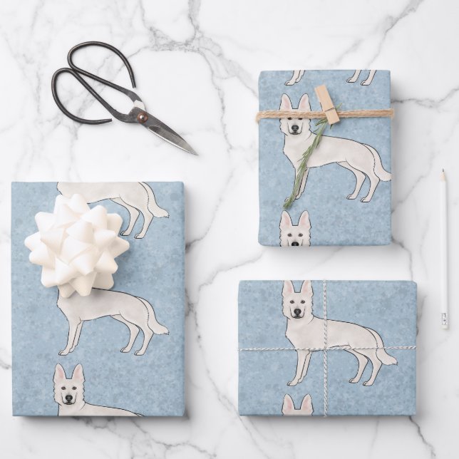 Feuille De Papier Cadeau Berger blanc blanc blanc GSD Cartoon Chien bleu (Recto)