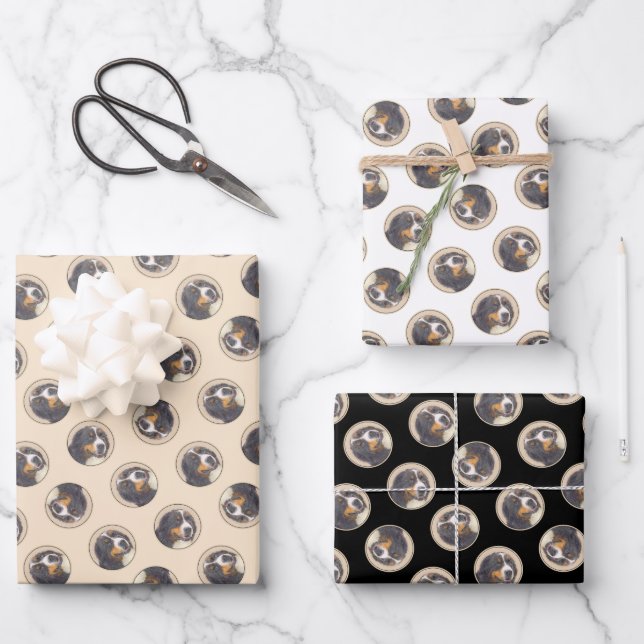 Feuille De Papier Cadeau Bernese Mountain Dog Berner Peinture de mignons an (Recto)
