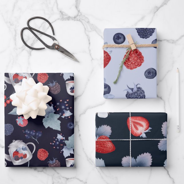 Feuille De Papier Cadeau Berries bleuets fraise teapot motif bleu (Recto)