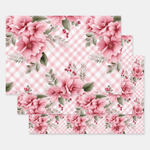 Feuille De Papier Cadeau Berries de Noël rose En vichy Floral