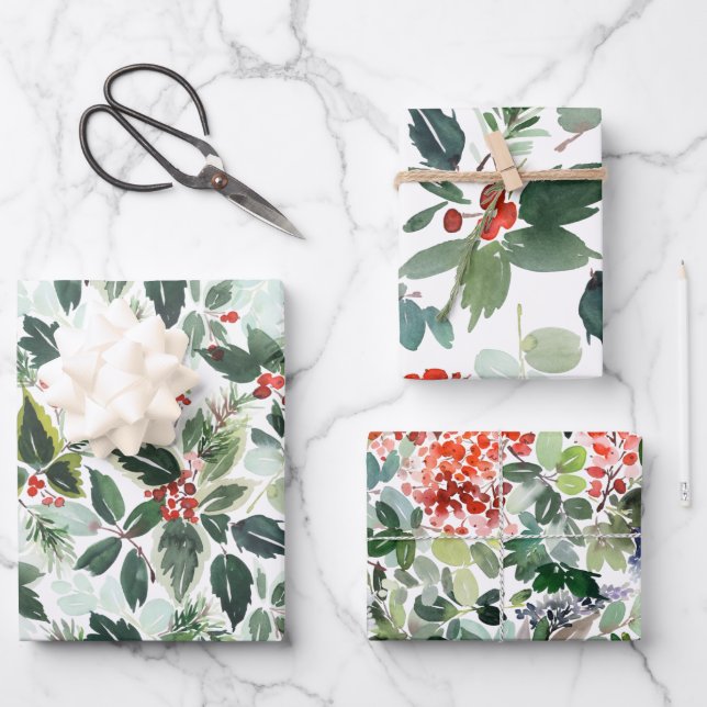 Feuille De Papier Cadeau Berries d'hiver et Noël verdoyant  (Recto)