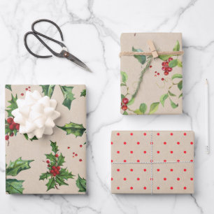 Feuille De Papier Cadeau Berries, Holly, feuillage et points sur Kraft