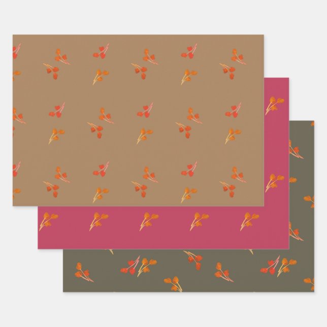 Feuille De Papier Cadeau Berry Motif Olive Green Magenta Brown (Lot)