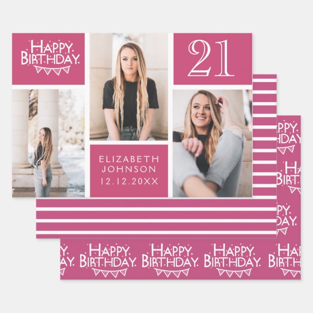 Feuille De Papier Cadeau Berry Pink Photo Collage 21e anniversaire (Lot)