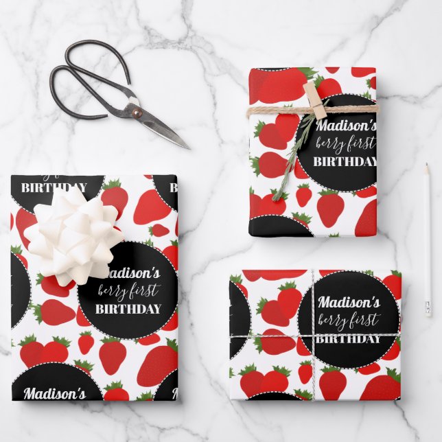 Feuille De Papier Cadeau Berry Premier anniversaire Fraise fête d'anniversa (Recto)