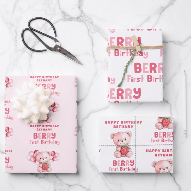 Feuille De Papier Cadeau Berry Premier Joyeux Anniversaire Nom fraise (Recto)