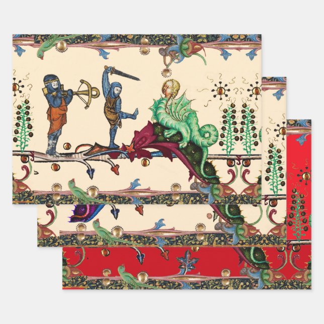 FEUILLE DE PAPIER CADEAU BESTIAIRE MÉDIÉVAL, CHEVALIERS ET DRAGON HYBRIDE (Lot)