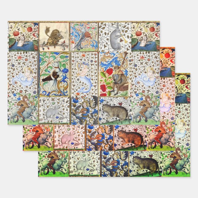 FEUILLE DE PAPIER CADEAU BESTIAIRE MÉDIÉVAL JOUER DES INSTRUMENTS MUSICAUX (Lot)