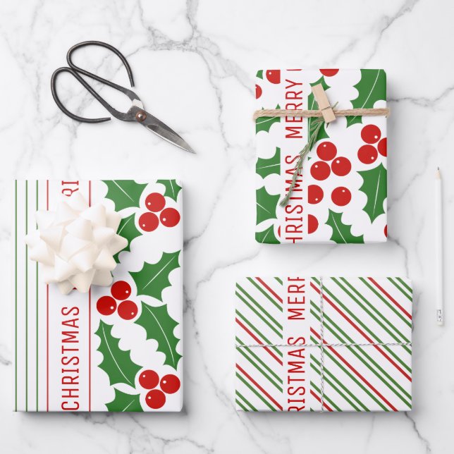 Feuille De Papier Cadeau Beurre blanche et rouge, rayures vertes Joyeux Noë (Recto)