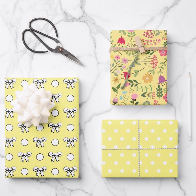 Feuille De Papier Cadeau Beurre Jaune et Blanc Pois Fleurs sauvages (Recto)