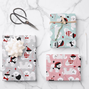 Feuille De Papier Cadeau Bichon Frise Noël gris bleu rose